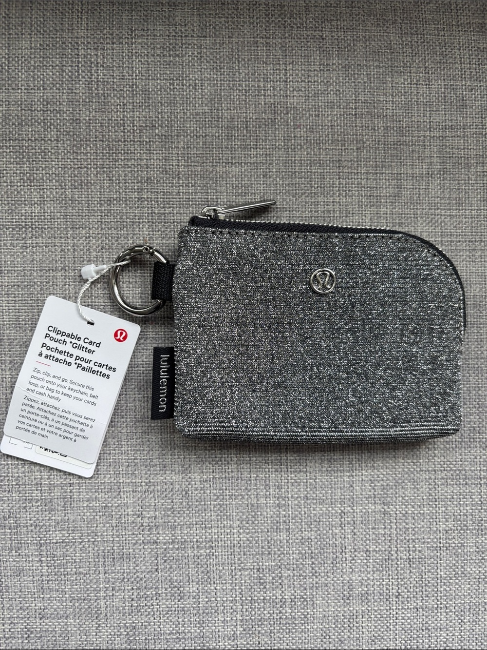 Lululemon Clipable Card Pouch, Glitter Dark Silver/Graphite Grey NWT